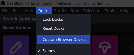 Or you can add it as a Custom Browser Dock directly in OBS Studio: Or you can add it as a Custom Browser Dock directly in OBS Studio: